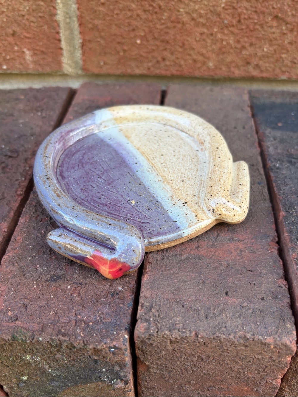 Hand Crafted Ceramic Spoon Rest in Cream, Purple and Red Accents